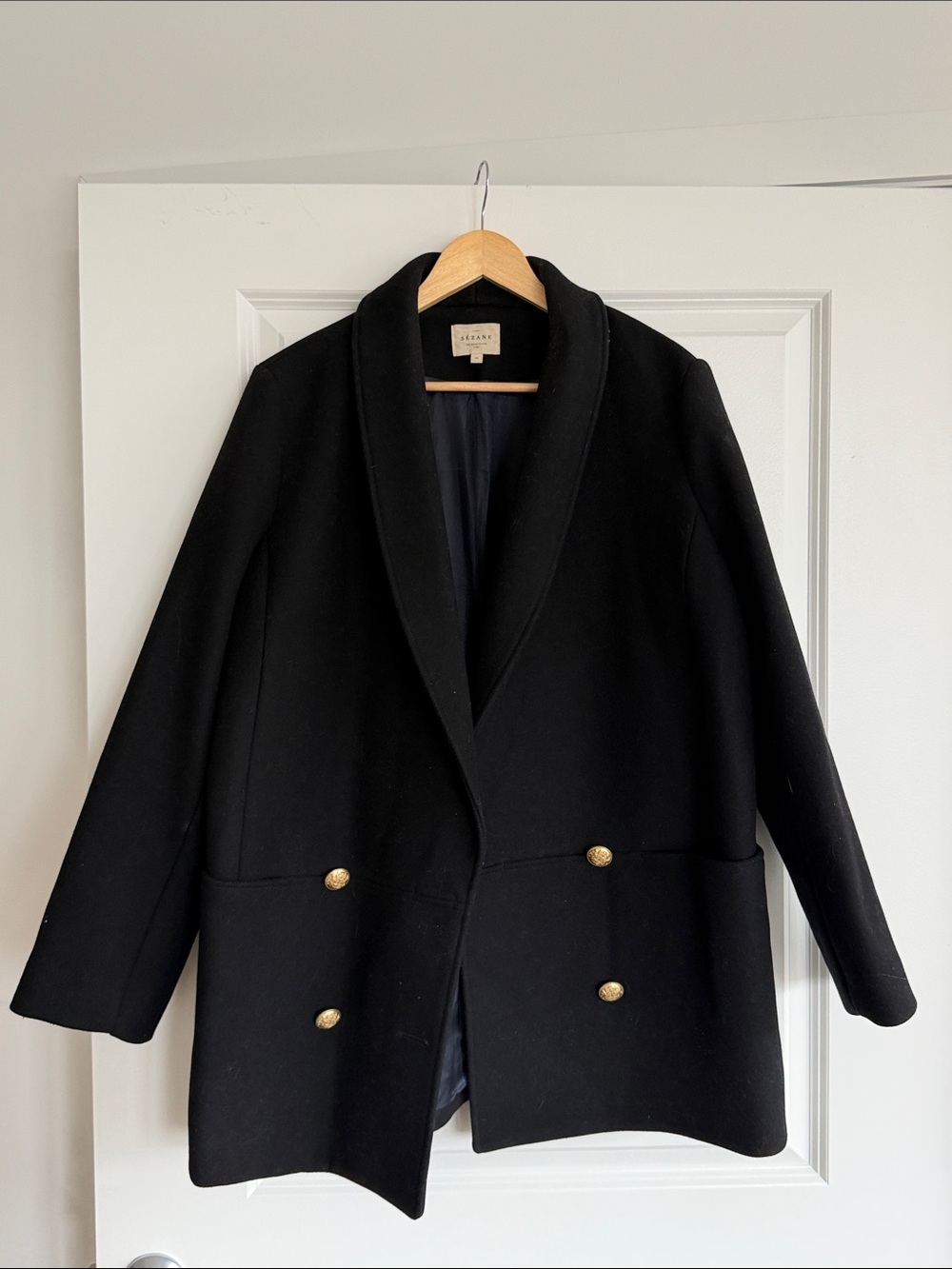 Sézane Black Double-Breasted Pea Coat with Gold Buttons